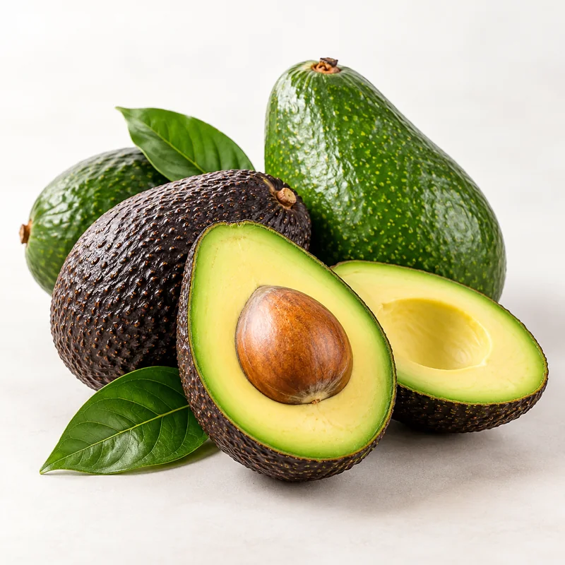 Hass and green-skinned avocados with one cut open on a neutral background