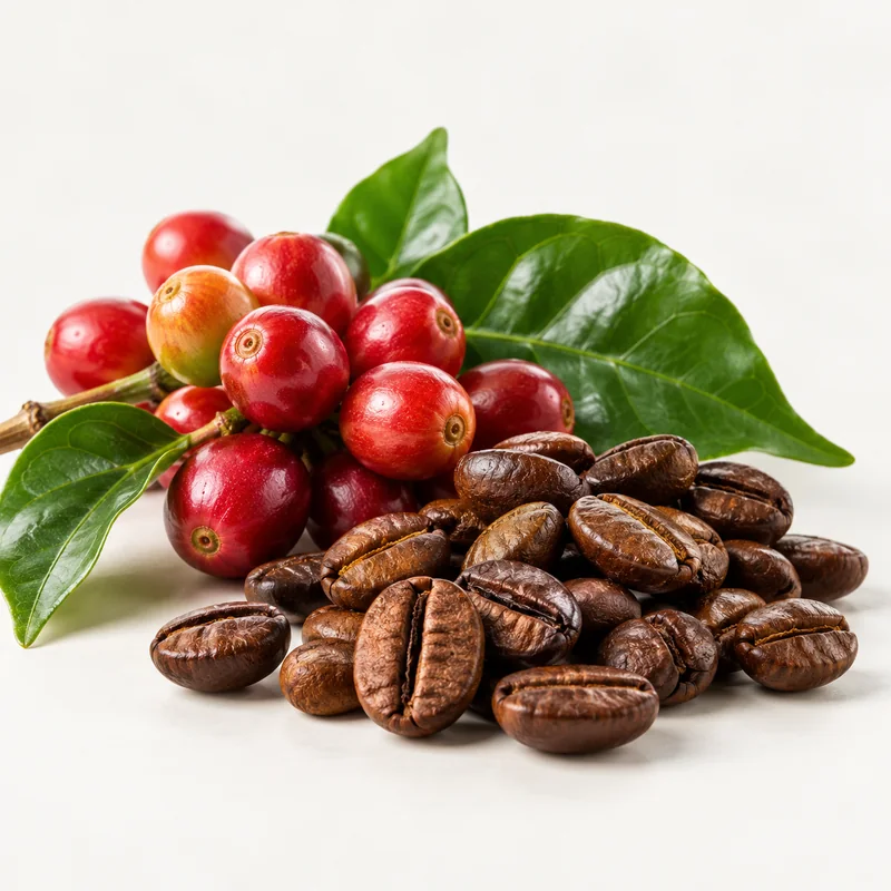 Coffee cherries, roasted coffee beans and green leaves on a neutral background