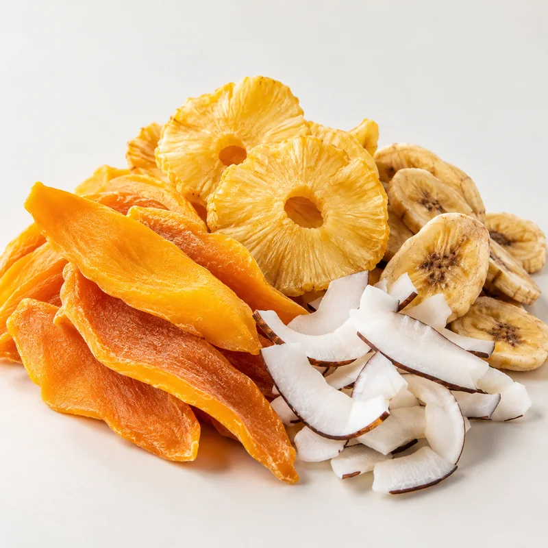 Dried mango, pineapple, banana and coconut on a neutral background