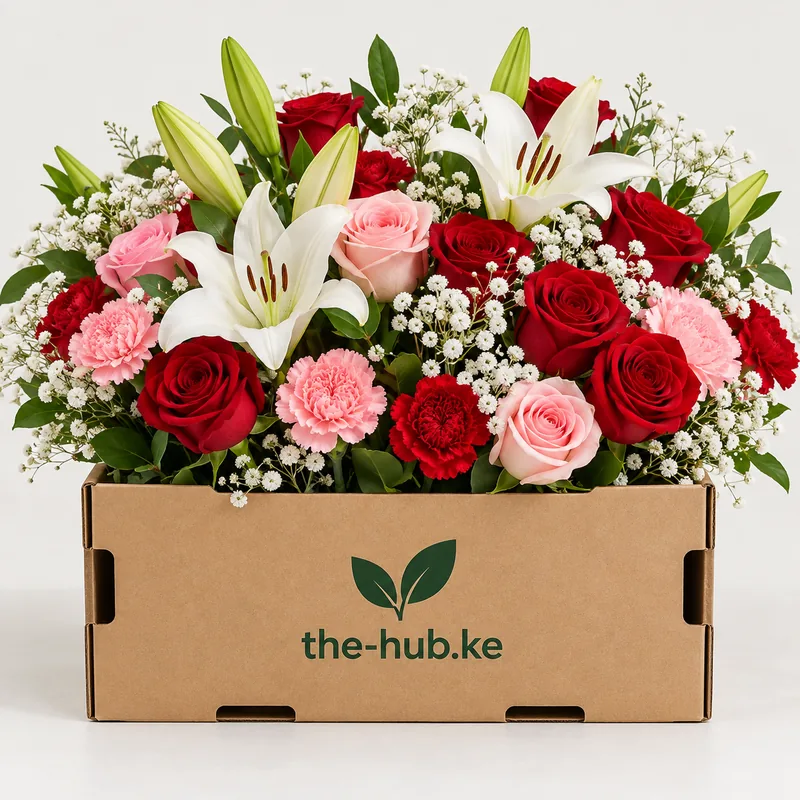 Roses, carnations, gypsophila and lilies in a branded the-hub.ke crate