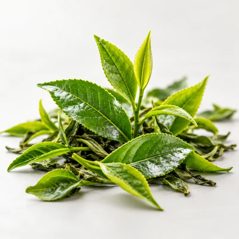 Fresh green tea leaves on a neutral background