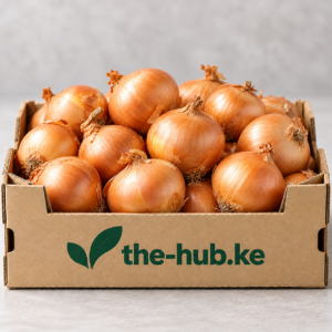 Bulb onions in a branded the-hub.ke crate