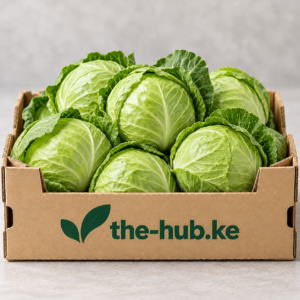Fresh cabbages in a branded the-hub.ke crate