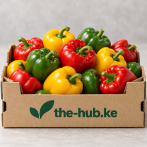 Colourful capsicum / bell peppers in a branded the-hub.ke crate