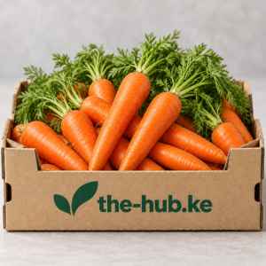 Fresh carrots in a branded the-hub.ke crate