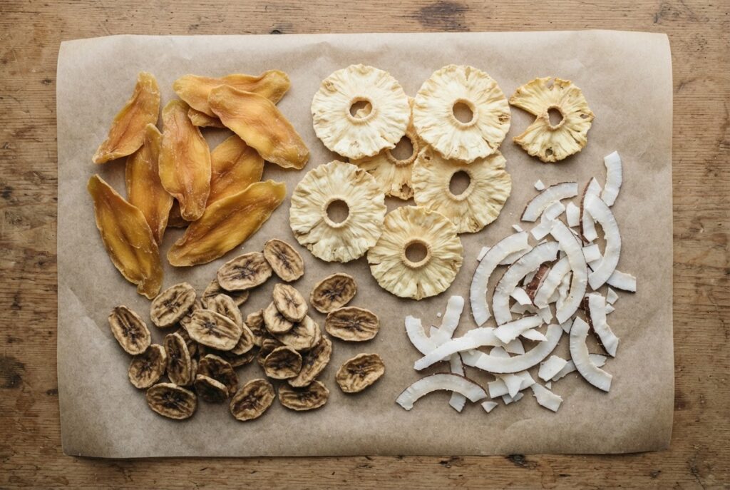 Solar dried mango, pineapple, banana and coconut on parchment