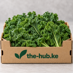 Fresh kale in a branded the-hub.ke crate