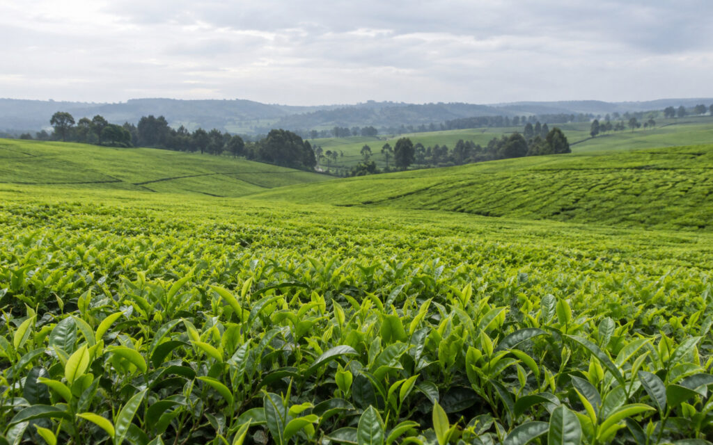 A bright green tea estate plucking table rolling toward the horizon.
