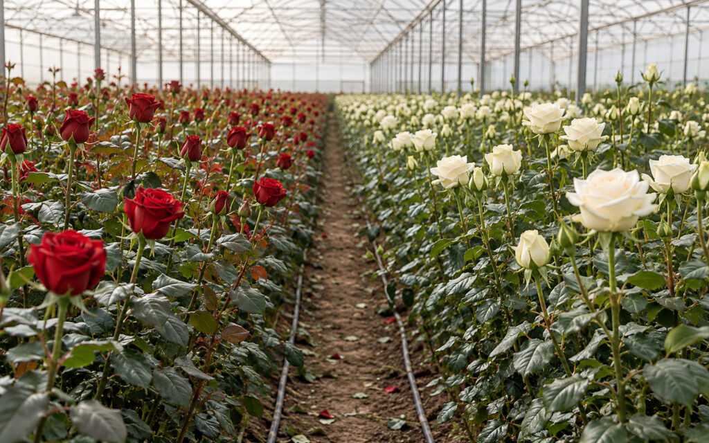 Rows of red and white roses at a matched stage under a greenhouse roof.