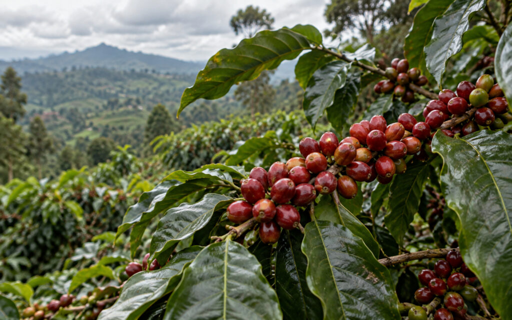 Ripe red coffee cherries clustered on a branch among glossy leaves.