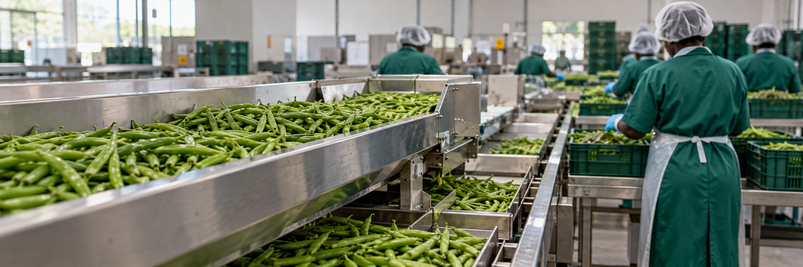 Workers grading freshly picked green produce along a stainless-steel packhouse conveyor line.