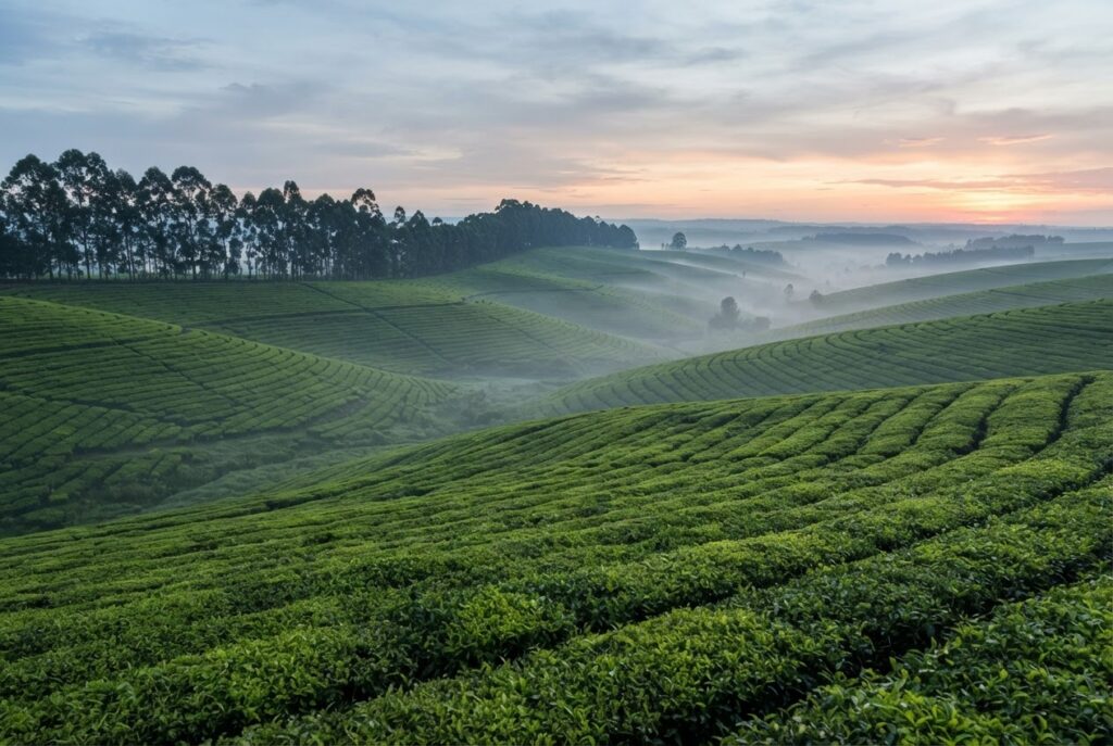 Rows of tea bushes on rolling hills at dawn near Kericho