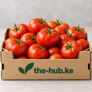 Fresh tomatoes in a branded the-hub.ke crate